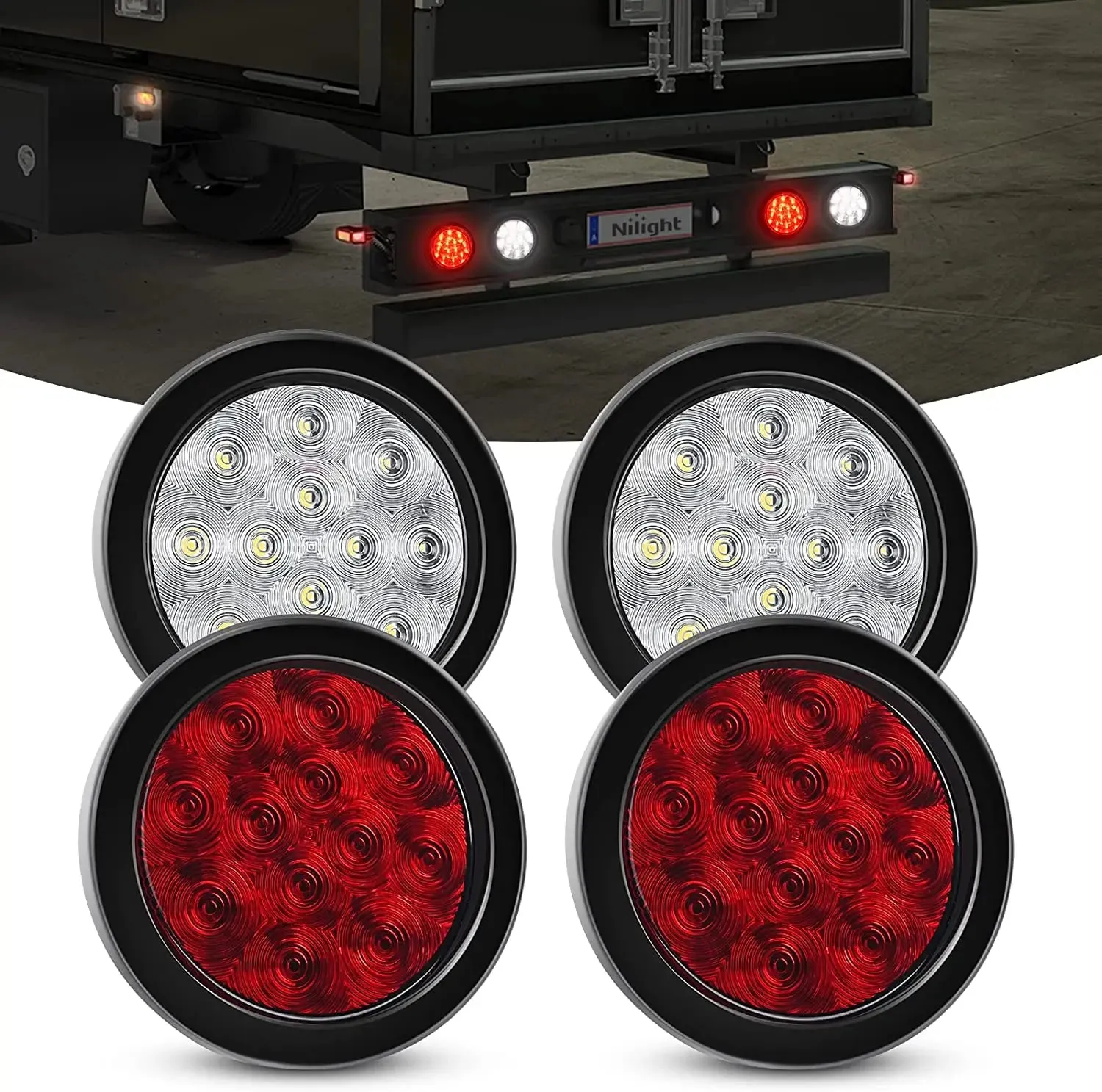 4 Inch Red White Round 12Leds Tail Light (2 Pairs)