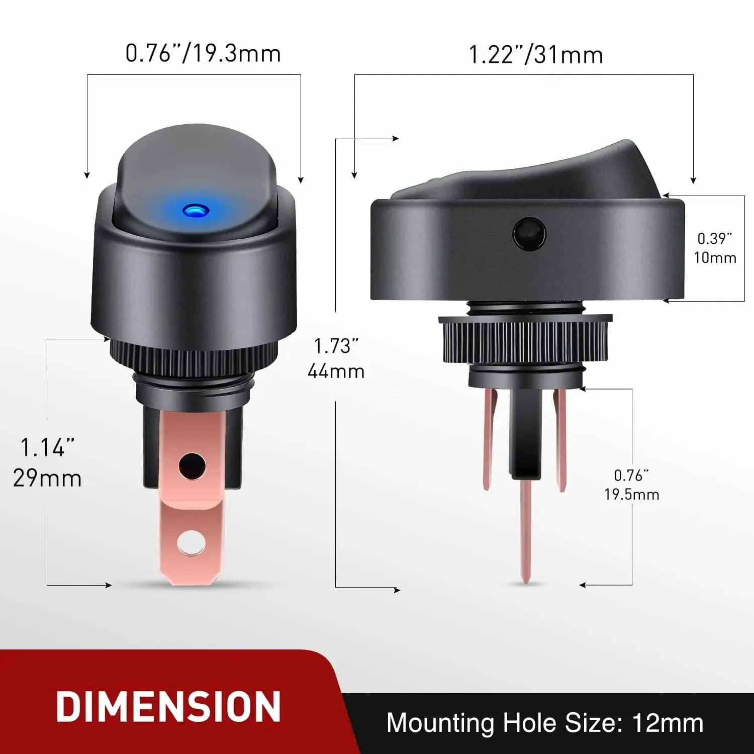 5Pcs 12V 30A Round Toggle LED Switch with Blue LED Indicator