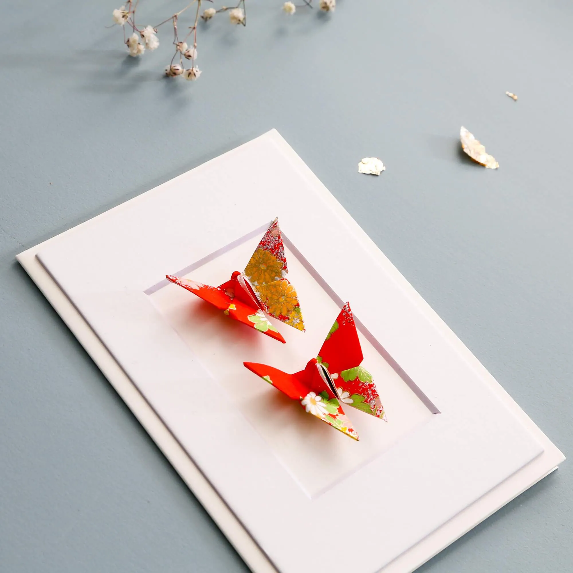 Card Twin Butterfly Flowers Red
