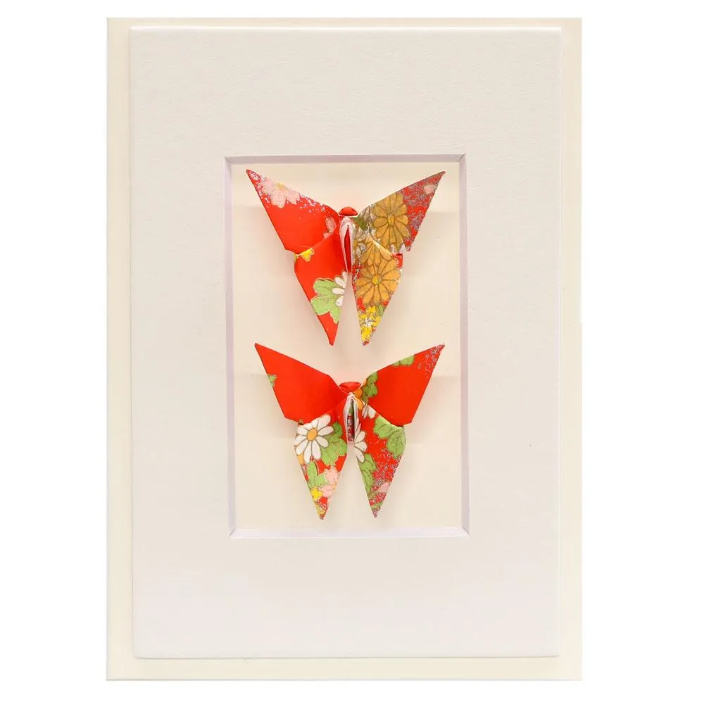 Card Twin Butterfly Flowers Red