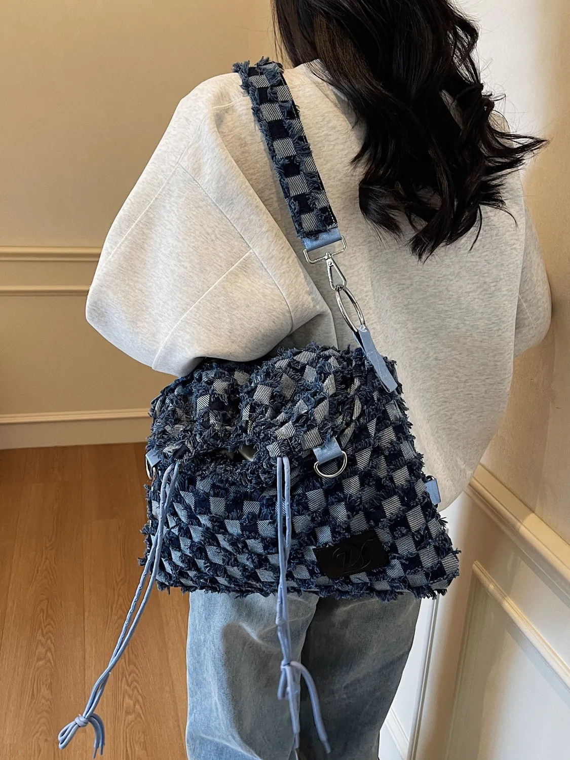 Checkered Raw Edge Adjustable Strap Convertible Bag