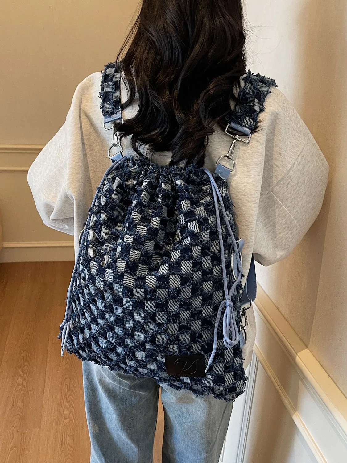 Checkered Raw Edge Adjustable Strap Convertible Bag