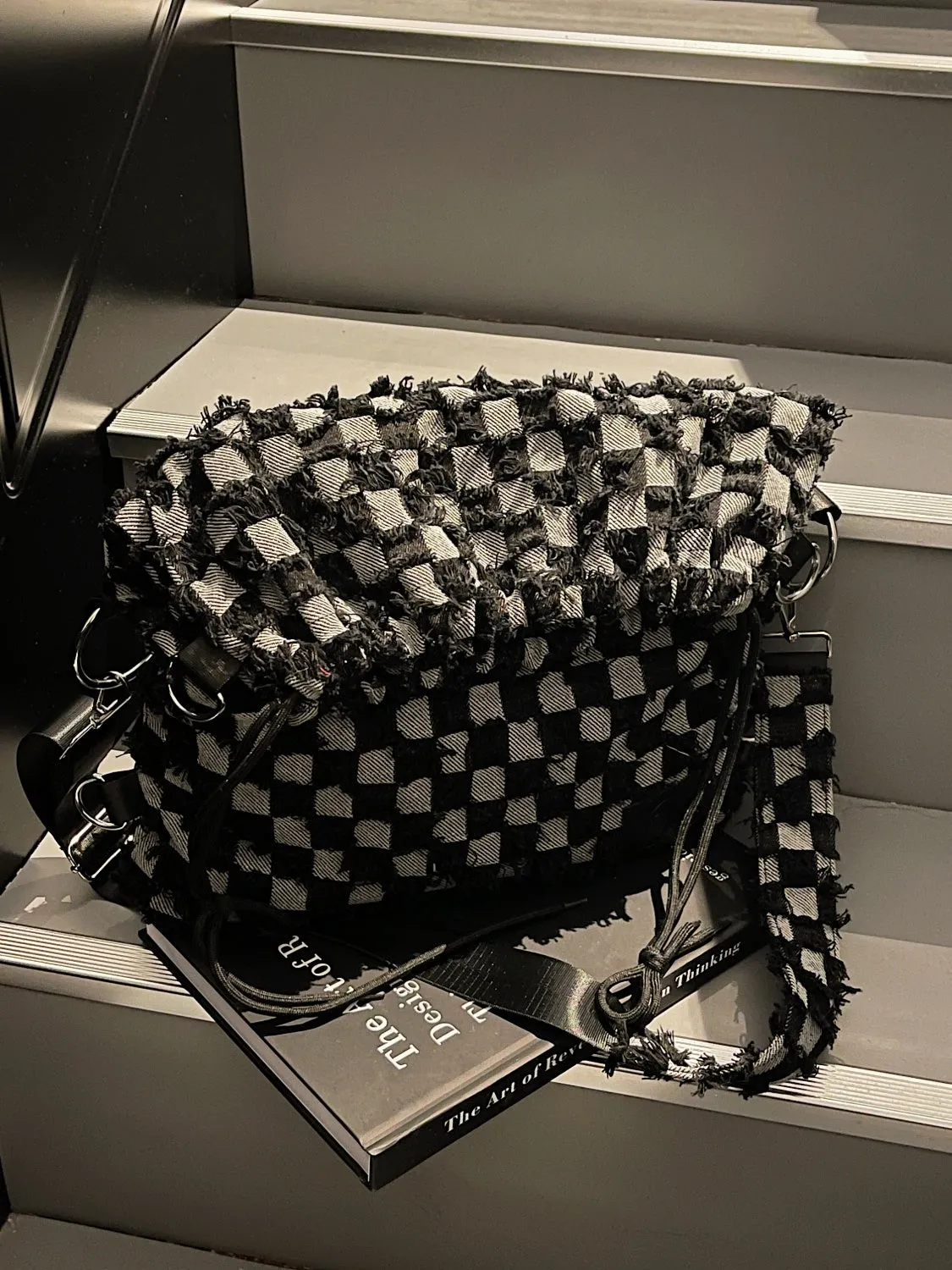 Checkered Raw Edge Adjustable Strap Convertible Bag